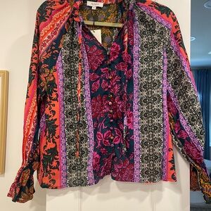 Patterned Tie-Neck Blouse in Navy & Fuchsia by ANARA